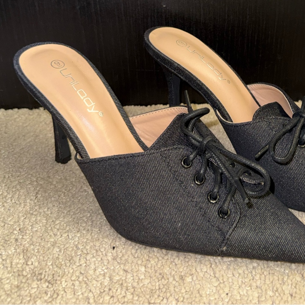 UniLady‎ Black Lace-Up Mule Heels Pointed Toe Kitten Heel Size 9